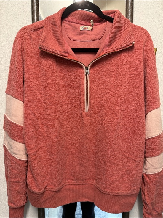 Faherty Sweaters - Faherty Coral Half-Zip Sweatshirt with Light Pink Sleeve Stripes